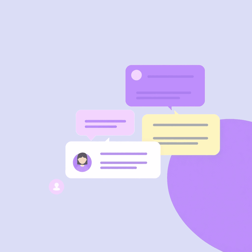 Abstract illustration of real-time chat bubbles and messages between a user and a business. Use a clean, tech-inspired aesthetic with purple and gray tones.