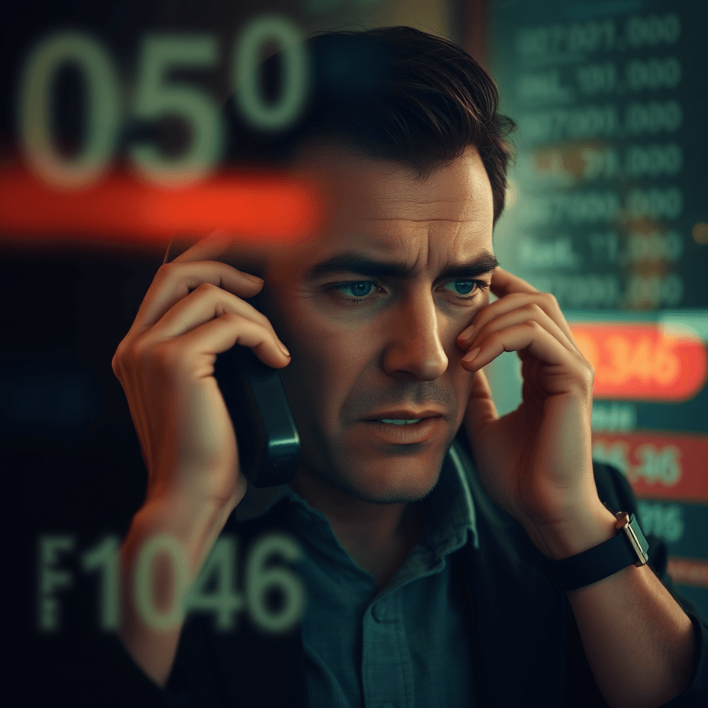 Phone with a masked figure on the screen, dark and ominous colors, voice phishing concept illustration